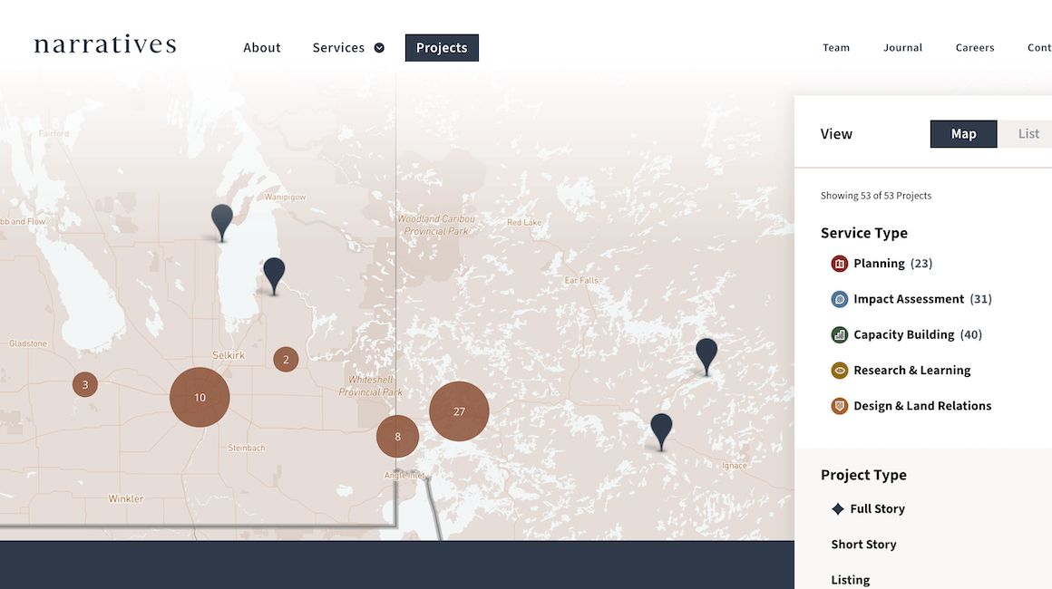 Screenshot of Narratives Inc Website. Interactive map showing serveral clustered locations and pins showing individual locations.