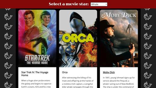 Screenshot of the Animal Movie Generator app. Photos of three movie posters: Star Trek IV The Voyage Home, Orca, and Moby Dick.
