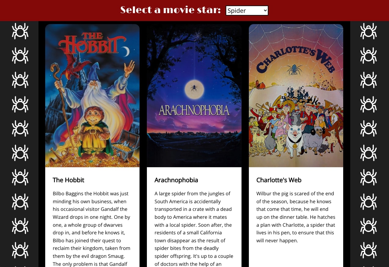 Screenshot of the Animal Movie Generator app. Photos of three movie posters: The Hobbit, Arachnophobia, and Charlotte's Web.