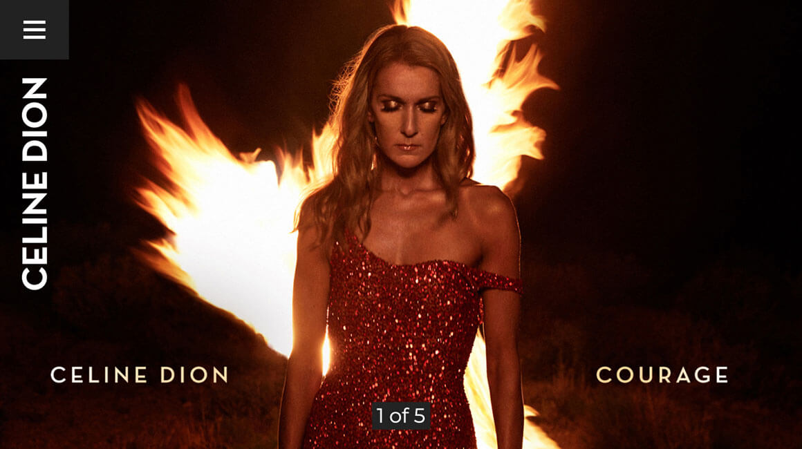 Screenshot of Celine Dion's website. Photo of Celine Dion wearing a sparkling red ballgown and standing in front of a tall flame. Text reads Celine Dion Courage.
