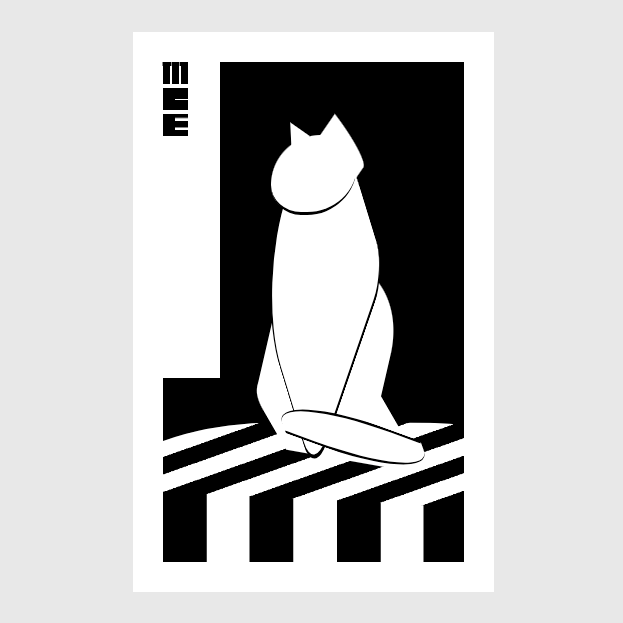 Black and white illustratioon of a white cat sitting on a table. The table has a long tablecloth with thick black and white stripes. The initials M.C.E. are in the top left.