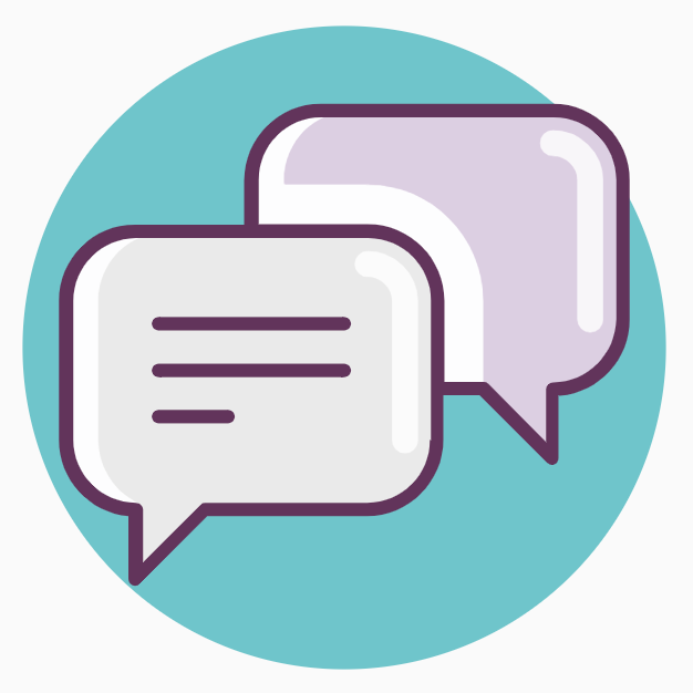 Icon of two overlapping chat bubbles on a circular teal background. The chat bubble in front shows simplified lines of text. 