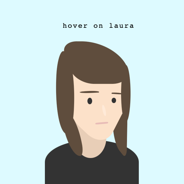 Illustration of Laura Salgado's head and shoulders on a light blue background. She has brown hair and is wearing a black t shirt. Text reads hover on laura.
