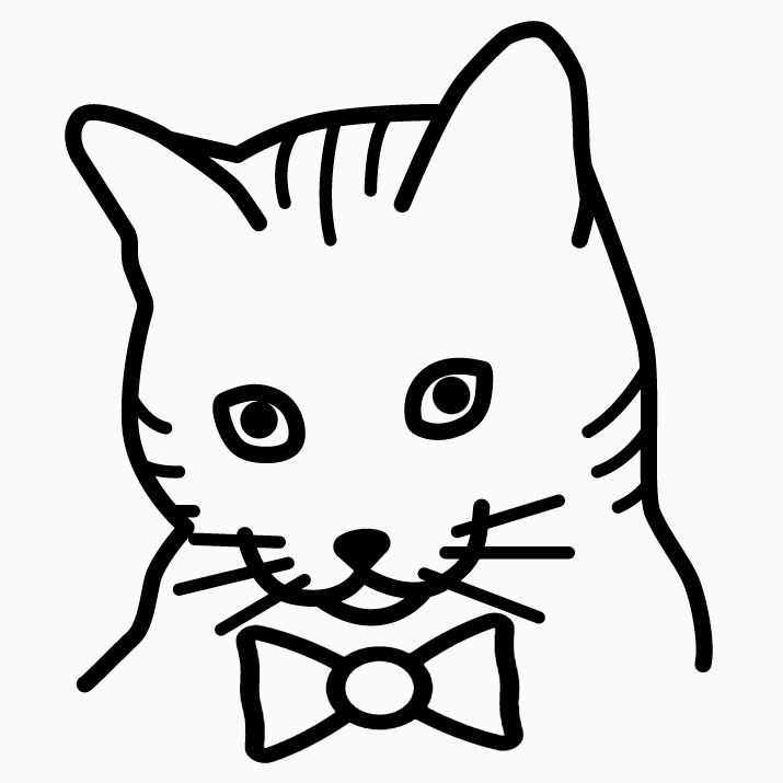 Line drawing of a striped cat wearing a bowtie.